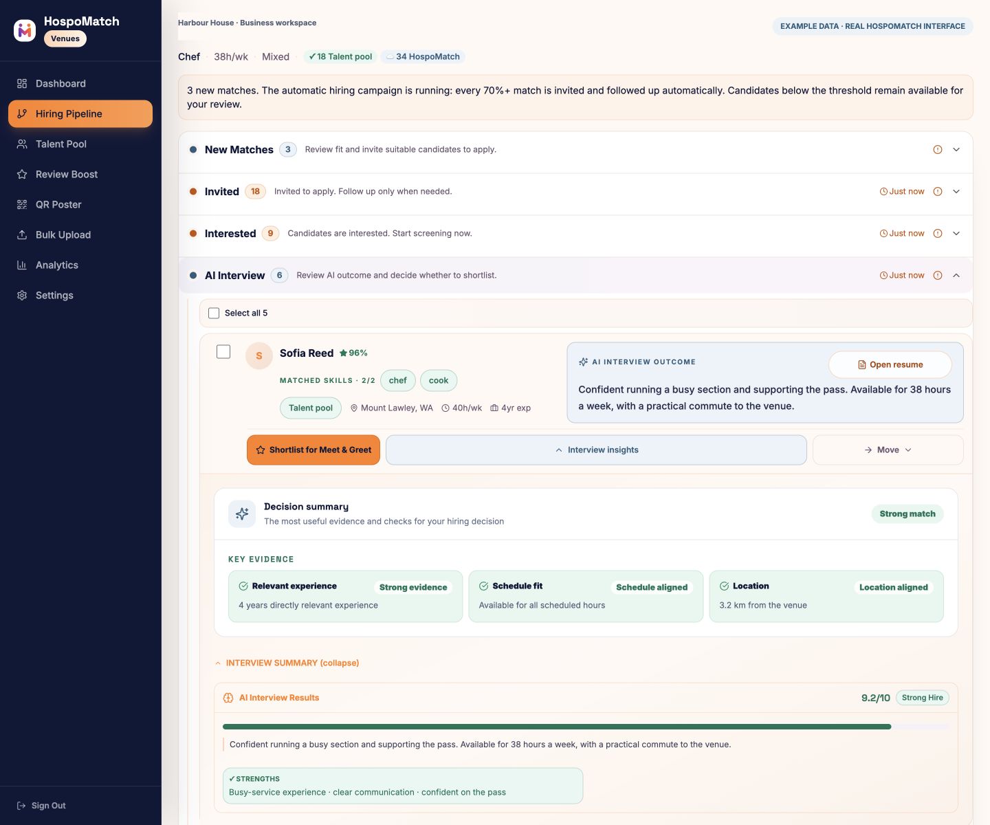 Example hiring pipeline with candidate stages, matched skills and interview summary